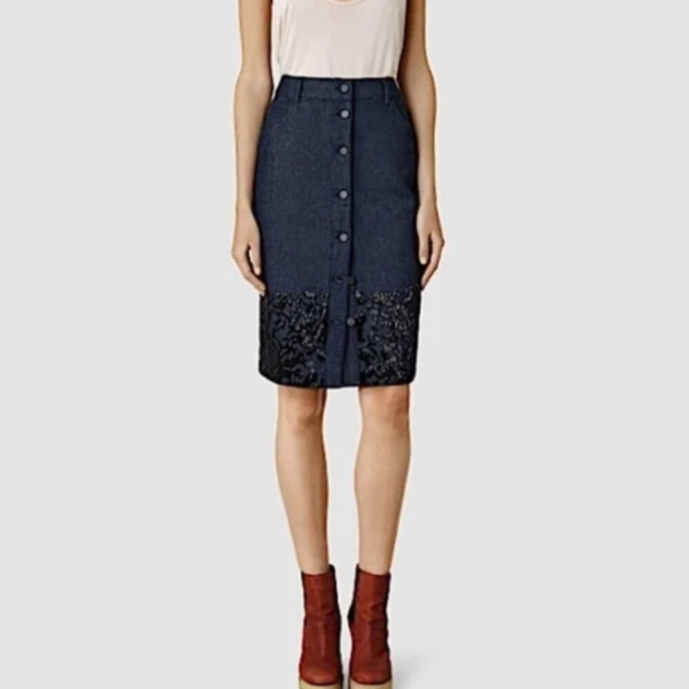 All Saints Hand Embellished Dark Wash Denim Pencil Skirt - Picture 15 of 15
